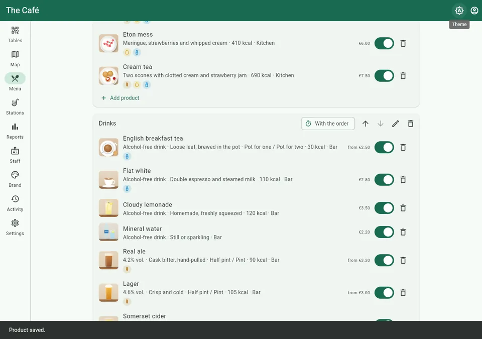 Menu editor in the management dashboard