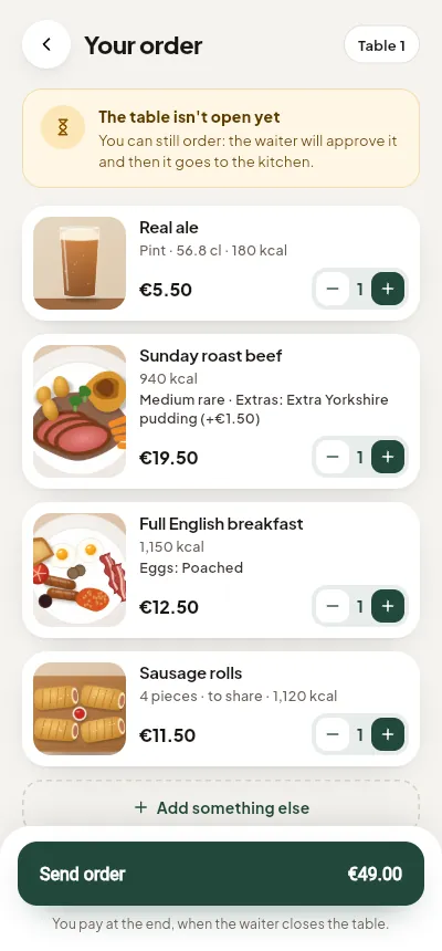An order on a phone with drinks and dishes before sending it