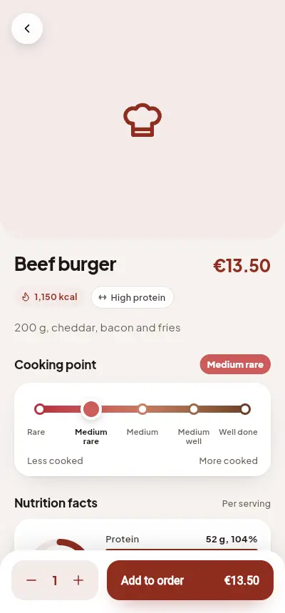 Ficha de una hamburguesa con el selector del punto de la carne