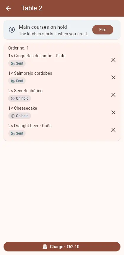 Mesa con los segundos en espera y el botón Marchar